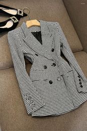 Women's Suits Lady British Style Classical Black White Fine Grain Coat Women Double-breasted Long Sleeve Office Casual Blazer