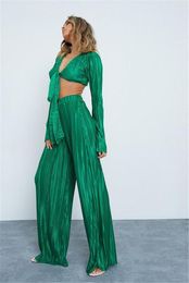 Women's Two Piece Pants Women Two-piece Suit Solid Colour Deep V-neck Tie Front Crop Tops And Straight-leg Trousers Outfit