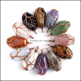 Arts And Crafts Wire Wrapped Coffin Fortune Tree Of Life Charms Natural Stone Pink Quartz Healing Crystal Tiger Eye Amethyst Pendant Dhqqh