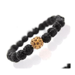 Beaded Strands Fashion Lava Rock Beads Bracelets Women Black High Polished Matte Crystal Men Beaded Bangle Clay Charms Bracelet Jew Oti8K