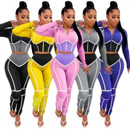 Women's Two Piece Pants Women Fashion Clothing Contrasting Colour Long Sleeve Crop Top Hoodie And Skinny Gym Fitness Yoga Set