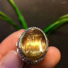 Cluster Rings Top Quality Natural Gold Rutilated Quartz Crystal Woman Man Ring 19x15mm Adjustable Size Silver Big Bead