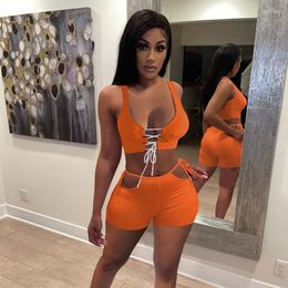 Women's Two Piece Pants Sexy Bodycon 2 Outfits For Women Summer Hollow Out Biker Shorts And Lace-up Tank Crop Top Set Casual Bandage Sets