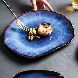 Plates Ceramic Sets Blue Irregular Fruit Salad Flat Dishes Household Tableware Decoration Dinnerware Trays Kitchen Supplies