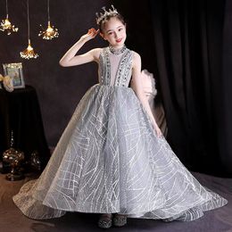 Baby Infant Toddler Birthday Party Dresses Blush Gold Sequins Bow Lace Crew Neck Tea Length Tutu Wedding Flower Girl Dresses crystal first communion dresses