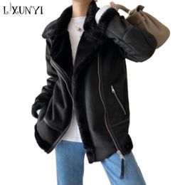 Women's Leather Faux Leather LXUNYI Shearling Coat Women Thick Warm Long Sleeve Loose Motorcycle Jacket Plush Korean Winter Ladies Suede Oversize Beige 230130