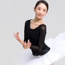 Stage Wear White Black Elastic Mesh Ruffle Long Sleeve Ballet Practice Leotard T Shirt Classical Dance Top Adult Ballerina Tee Shirts