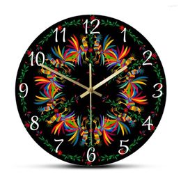 Wall Clocks Jungle Animals Otomi Culture Naive Print Clock Colourful Roosters Mediterranean Style Silent Swept Mexican Folk Decor