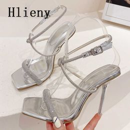 Size 35-41 Sexy Crystal Rhinestone Sandals Women Summer 2023 Fashion Transparent Perspex Heels Stiletto Banquet Shoes Gold 0129