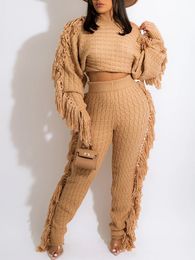 Women's Plus Size Tracksuits LW Weave Tassel Design Pants Set winter warm Knitted SweaterPants Two Piece Oversized Crop Tops Sweater 230130