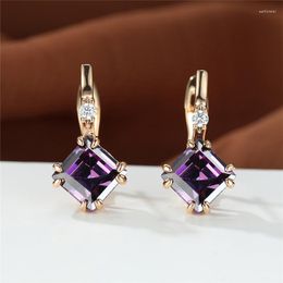 Hoop Earrings Purple Crystal White Zircon Geometric Square Small Stone Rose Gold Color Bride For Women Wedding