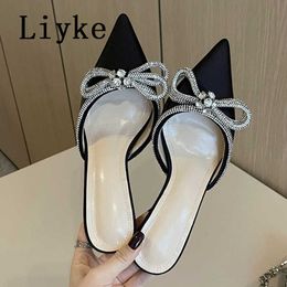 Sexy Pointed Toe Stiletto High Heels Mules Slippers Sandal Fashion Crystal Bowknot Design Slip-On Pumps Women Shoes Silver 0129