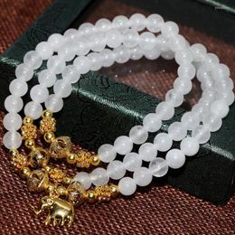 Strand Natural Stone Chalcedony White Jades Round Beads Gold-color Accessories Multilayer Bracelets For Women 6mm Elastic Jewelry B2205