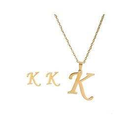 Earrings Necklace 26 Letter Necklaces With Earring Jewellery Set Stainless Steel Gold Plated Choker Initial Pendant Women Alphabet C Dh5Ey