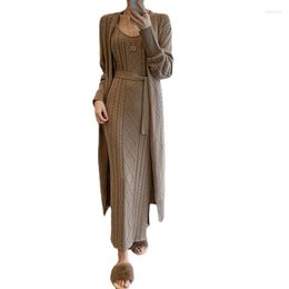 Work Dresses Knitted Sweater Tow Piece Set Women Long Cardigan Coat Lace Up Sleeveless Vest Maxi Dress Sets French Vintage Suit Female