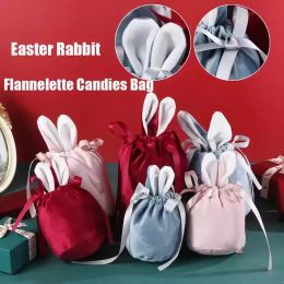 Velvet Easter Bunny Bucket Favor Short Ears Rabbit Basket Drawstring Candy Bag Soft Plush Storage Bags new