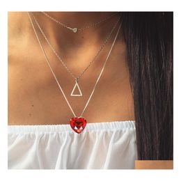 Pendant Necklaces Heart Crystal Necklace For Women Love Diamond Ruby Triangle Mtilayer Dh Drop Delivery Jewelry Pendants Dha17