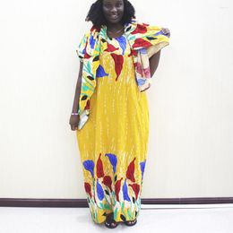 Ethnic Clothing Cotton Style Floral Print Dress Women Multicoloured Loose Casual Short Sleeve African Dresses With Scarf