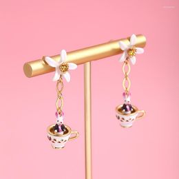 Stud Earrings Cute Cartoon Creative Tea Cup Chain Flower Long Earring Girl