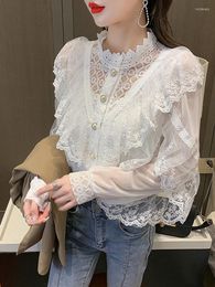 Women's Blouses Spring Autumn Style Stand-up Collar Lace Stitching Ruffled Blouse Female Chiffon Lantern Sleeve Bottoming Shirt Top C158