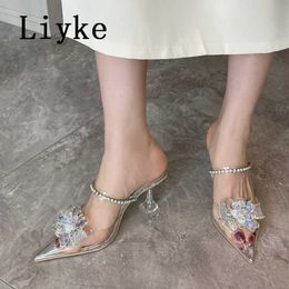 Fashion Crystal Flowers Women Pumps Sexy Pointed Toe Clear High Heels Mules PVC Transparent Sandals Wedding Prom Shoes 0129