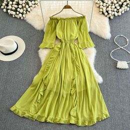 Casual Dresses Solid High Waist Ladies Sweet Women Fashion Flare Sleeve Slash Neck Summer Elegant A Line Party Female Chic Vestido Dress 230130