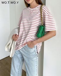 Women's TShirt WOTWOY Summer Short Sleeve Striped Knitted Basic Casual Tops Female Cozy Loose Cotton Tees 2023 Harajuku Shirt 230130