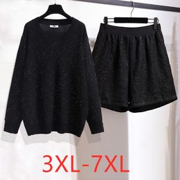 Women's Plus Size Tracksuits Autumn Winter Women Clothing Large Loose Black Sequins Knit Tshirt And Shorts Two Pieces Suit 4XL 5XL 6XL 7XL 230130