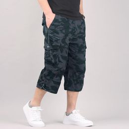 Men's Shorts Long Length Cargo Men Summer Casual Cotton Multi Pockets Breeches Cropped Trousers Military Camouflage 5XL 230130