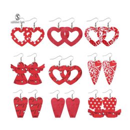 Dangle Chandelier Christmas Pu Leather Earrings For Women Fashion Red Heart Hollow Printing Oval Earring Jewelry Gift Drop Delivery Dhmee