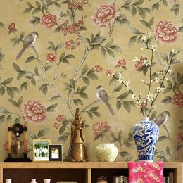 Wallpapers 10m Roll Non Woven Floral Bird Wallpaper Modern Retro Yellow Flower Living Room Bedroom Wall Paper Home Decoration