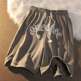 Men's Shorts Vintage streetwear letter embroidery elastic waist loose outer wear mens shorts summer casual couple fivepoint 230130