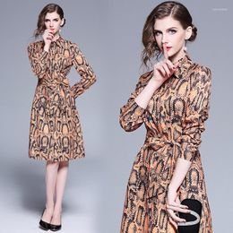 Casual Dresses Spring Summer Fall Runway Vintage Print Collar Bow Belt Long Sleeve Women Lady Party Empire Waist Knee Length Shirt Dress