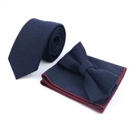 Bow Ties Solid Colour Striped Men Tie Set Casual Cotton Wool Thick Bowtie Pocket Square For Wedding Party Suit Cravat Accessory