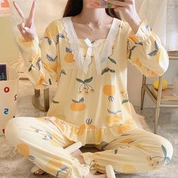 Women's Sleepwear Two Piece Suit Pajamas Autumn And Winter Princess Long-sleeved Plaid Cute Home Service Fruit Women Set