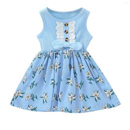 Girl Dresses Floral Suspender Kid Ruffled Dress Bow Toddler Girls Princess Baby Splice Ribbed Toddlers Teal For