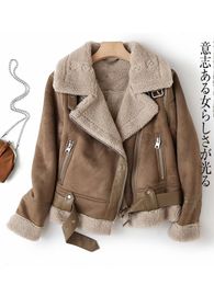 Women's Leather Faux Leather Ailegogo Women Winter Faux Shearling Sheepskin Fake Leather Jackets Lady Thick Warm Suede Lambs Short Motorcycle Brown Coats 230130