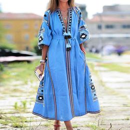 Günlük elbiseler Sonbahar Fransız tarzı kadınlar Kaftan Baskı Büyük Salıncak Aline Maxi Vestidos Eid Mübarak Abaya Sundress Cobe Boyut