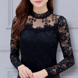 Women's TShirt Woman Tshirts Lace Long Sleeve Top Clothing Hollow Mesh Tops Mujer Camisetas 230130