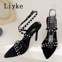 Summer Black White High Heels Sexy Sandals Women Metal Rivet Design Open Toe Ankle Buckle Strap Fashion Party Dress Shoes 0129