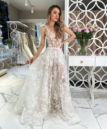 Boho Lace A Line Wedding Dresses Ivory Applique Nude Lining Sleeveless V-Neck Corset Beach Long Bridal Gown Illusion Summer Bride Dress