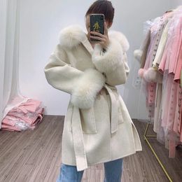 Women's Wool Blends Loose Hooded Wool Blended Autumn Coat Women With Real Fur Hood Trim Women Long Sleeve Female Wool Jacket With Hood With Fur 230130