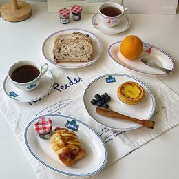 Plates French Line Plate Ceramic Breakfast Cup And Saucer Set Letter Tableware Dessert Cake Tray Coffee Cups Kitchen Dinnerware
