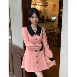 Casual Dresses Sweet Women Dress Elegant Y2K Long Sleeve Polo Collar Office Ladies Korean Fashion Girls Vintage Pink Autumn