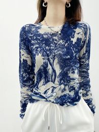 Women's TShirt Spring Fall Vintage Blue and White Porcelain Print Shirt Women Fashion ops O Neck Long Sleeve Slim Knitting Shirts Camisas 230130