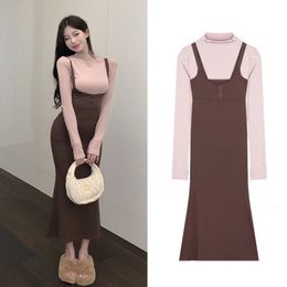 Casual Dresses Street Sexy Suspender Dres Autumn Winter Waist Tight Spice Girl Mermaid Skirt Bottom Long Sleeve TShirt 2 Piece Set 230130