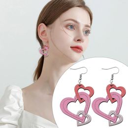 Hoop Earrings Valentine's Day Gift Gradient Hollow Out Love Double Sided Wooden To Wear Decorative Pearl Set