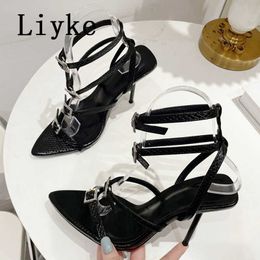 2023 Summer Fashion Black High Heels Sandals Women Sexy Snake Print Pointed Toe Crystal Buckle Party Club Stripper Shoes 0129