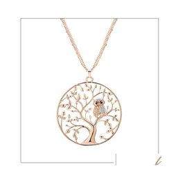 Pendant Necklaces Small Owl Tree Of Life Necklace For Women Rhinestone Rose Gold Sweater Chain Long Statement Jewelry Bijoux Drop De Dhnqu