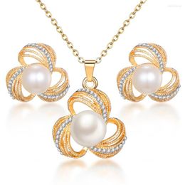 Necklace Earrings Set Elegant Flower Pendant Gold Color Long Chain Simulated Pearl Valentine Day Gifts Wholessale